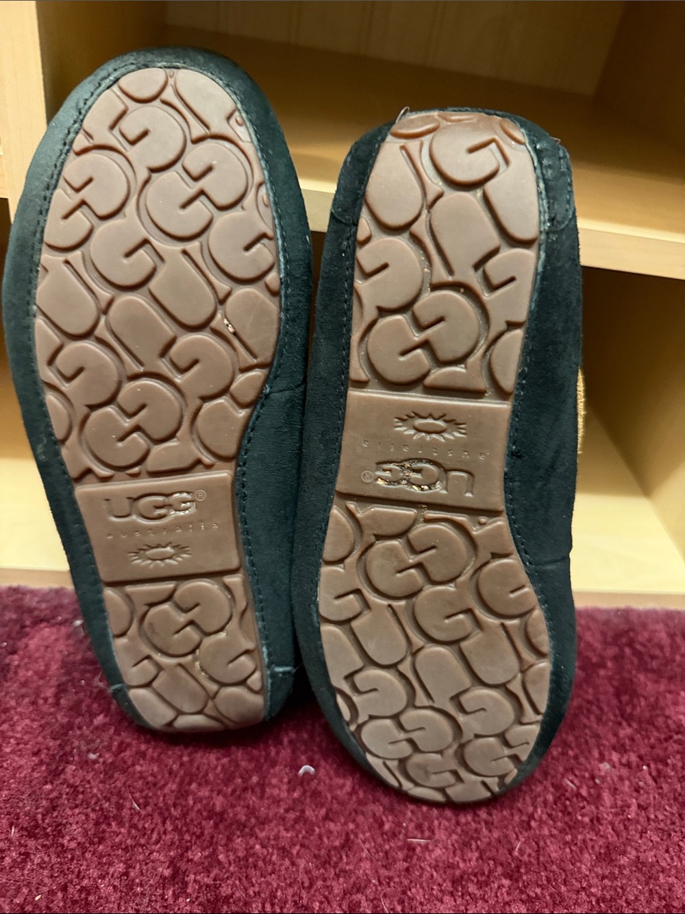 UGG Men’s Black Suede Moccasin Slippers with Chestnut Laces and Sheepskin Lining - Picture 2 of 3